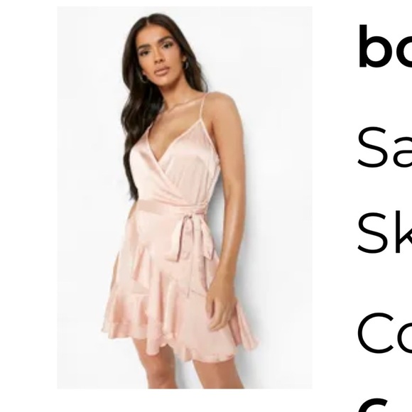 Boohoo Dresses & Skirts - Boohoo Champagne Satin Frill Skirt Wrap Skater Dress Size 6